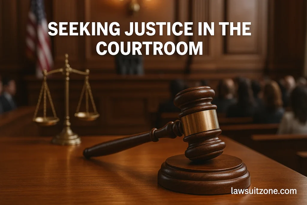 Wooden gavel and brass scales of justice on a courtroom desk representing legal actions in the Listeria ice cream lawsuit