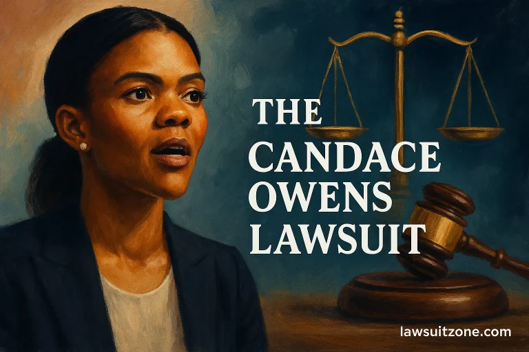 A digital painting-style illustration of Candace Owens beside a gavel and justice scales, representing the Candace Owens lawsuit and themes of accountability and free speech, with “lawsuitzone.com” visible at the bottom.