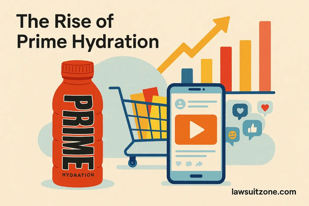 Flat-style digital illustration showing a Prime Hydration bottle beside a smartphone displaying social media icons, a shopping cart, and a rising chart symbolizing the drink’s viral success, with lawsuitzone.com at the bottom.