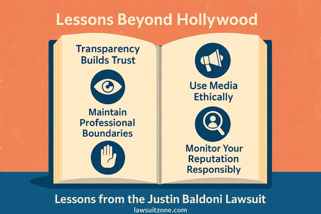 Cinematic flat-style illustration showing a lone figure under soft stage lights with a fading courtroom in the background, symbolizing emotional honesty, vulnerability, and growth, with lawsuitzone.com subtly written at the bottom.