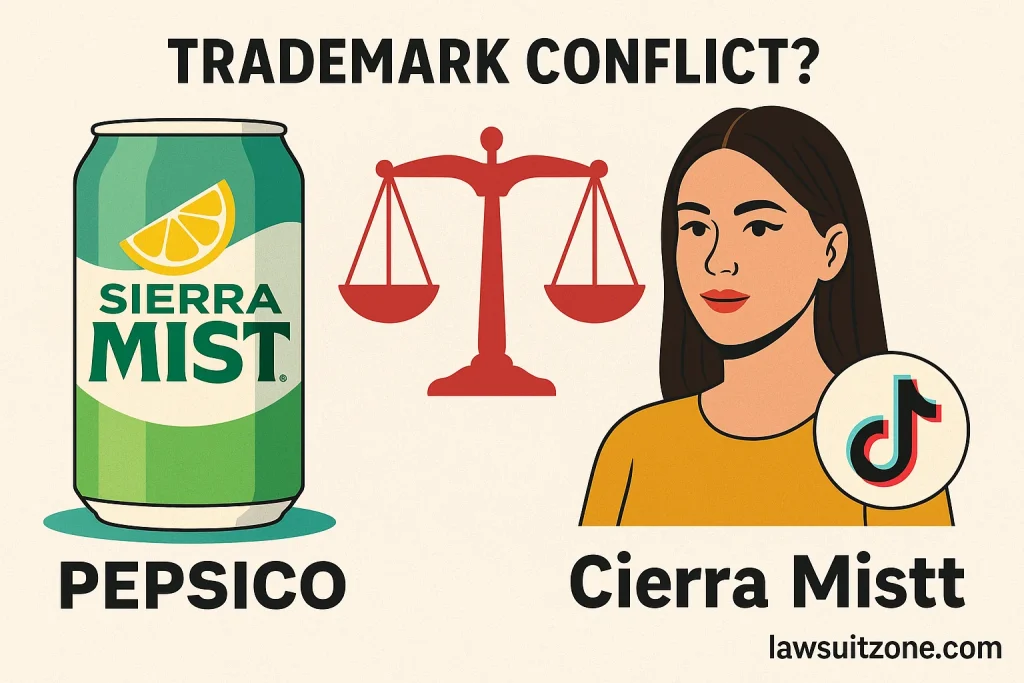 A digital illustration comparing PepsiCo’s Sierra Mist can and influencer Cierra Mistt beside a red justice scale, symbolizing the trademark confusion behind the viral Cierra Mist lawsuit story.