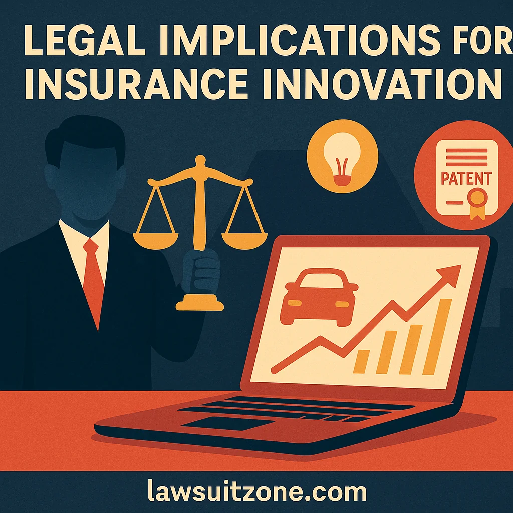 A flat-style digital illustration showing lawyers in a courtroom debating over technology and patents, representing the legal dimension of the USAA SafePilot patent lawsuit, branded with lawsuitzone.com.