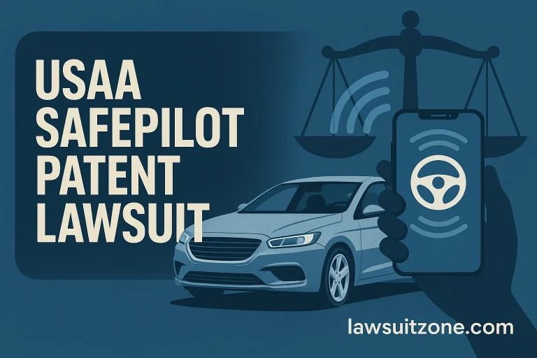 A professional digital graphic showing a courtroom setting, a smartphone with telematics data icons, and the title “USAA SafePilot Patent Lawsuit,” branded with lawsuitzone.com.