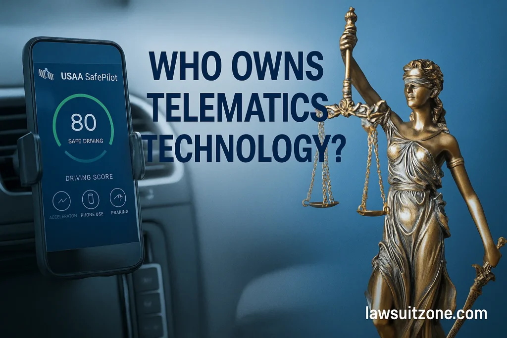 A digital illustration showing a smartphone displaying driving analytics and telematics data, representing the technology at the center of the USAA SafePilot patent lawsuit, branded with lawsuitzone.com.
