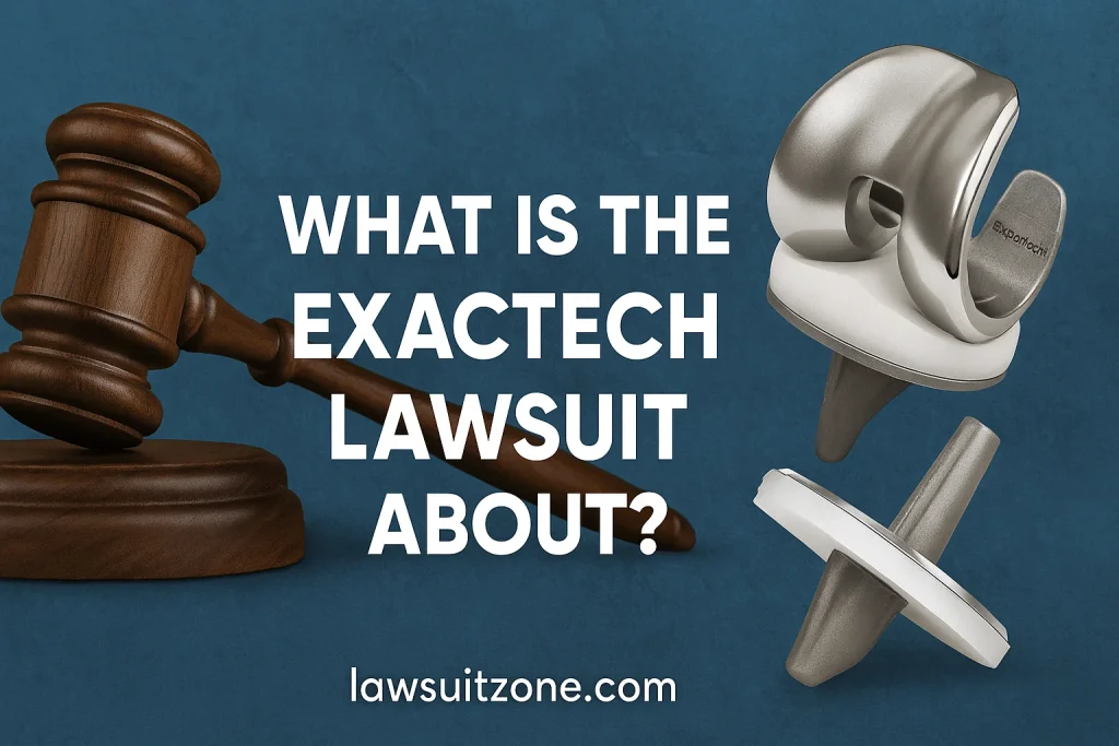 Graphic showing orthopedic knee implants and a gavel, symbolizing the Exactech lawsuit and product recall.