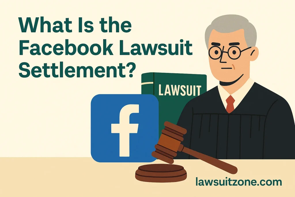 A flat-style digital infographic showing the Facebook logo with legal documents and a judge’s gavel, symbolizing the Facebook class-action settlement and user data privacy.