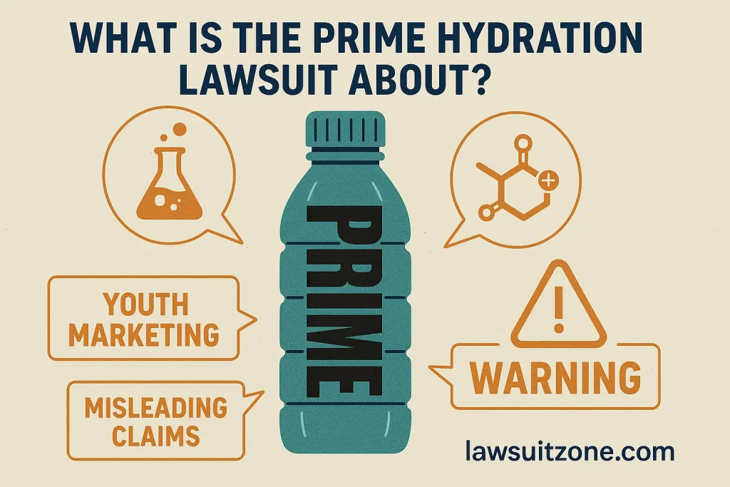 Flat-style digital infographic showing a Prime Hydration bottle placed beside legal papers, scales of justice, and a magnifying glass, symbolizing the Prime Hydration lawsuit investigation, with lawsuitzone.com text at the bottom.