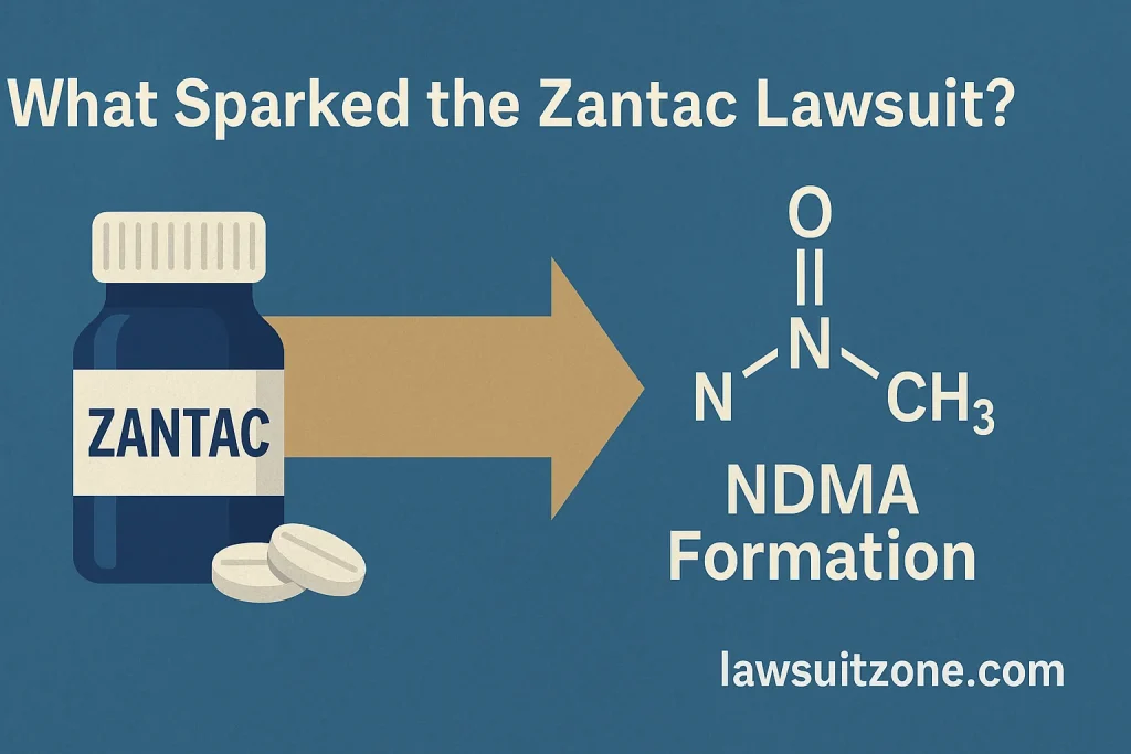Illustration showing a Zantac bottle and NDMA chemical formation process, explaining the origin of the Zantac lawsuit with the website lawsuitzone.com visible.