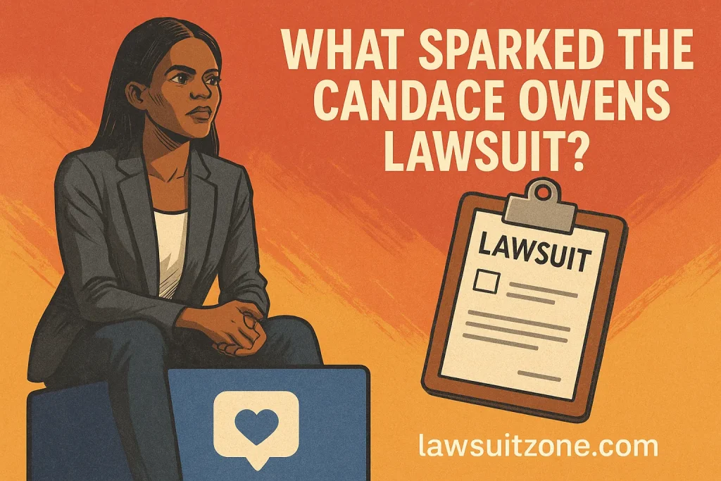 A digital flat-style artwork of Candace Owens beside a clipboard labeled “Lawsuit,” symbolizing public controversy and defamation allegations, with “lawsuitzone.com” displayed below.