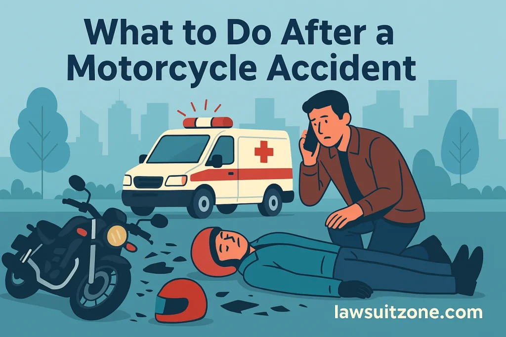 Illustration showing a fallen motorcycle and a bystander calling for help next to an ambulance, representing steps after an accident, with lawsuitzone.com visible.