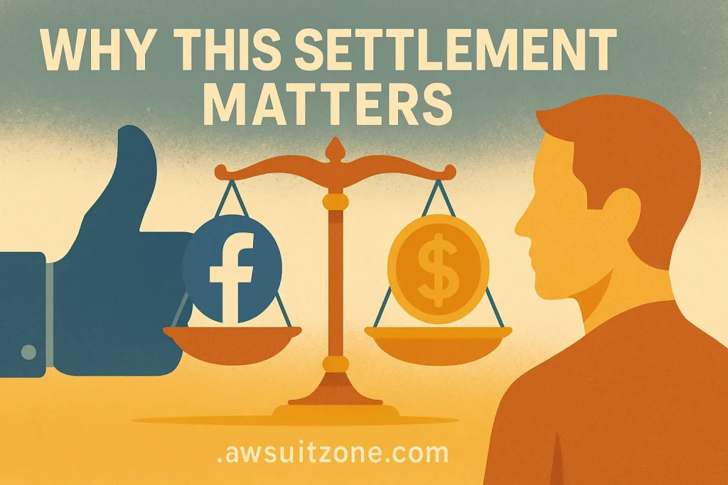 A digital illustration featuring people standing with shields labeled “Privacy” and “Data Protection” in front of the Facebook logo and a courthouse, symbolizing user empowerment, accountability, and the importance of the Facebook lawsuit settlement, with “lawsuitzone.com” subtly shown at the bottom.