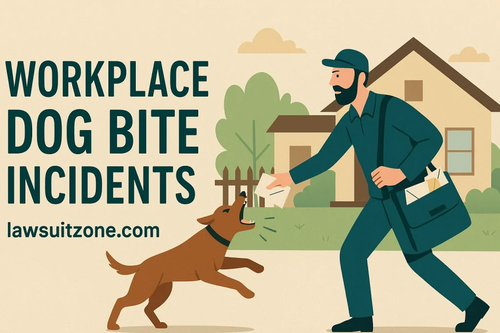 Flat illustration of a mail carrier being bitten by a dog in front of a house, representing workplace dog bite incidents with the text lawsuitzone.com.