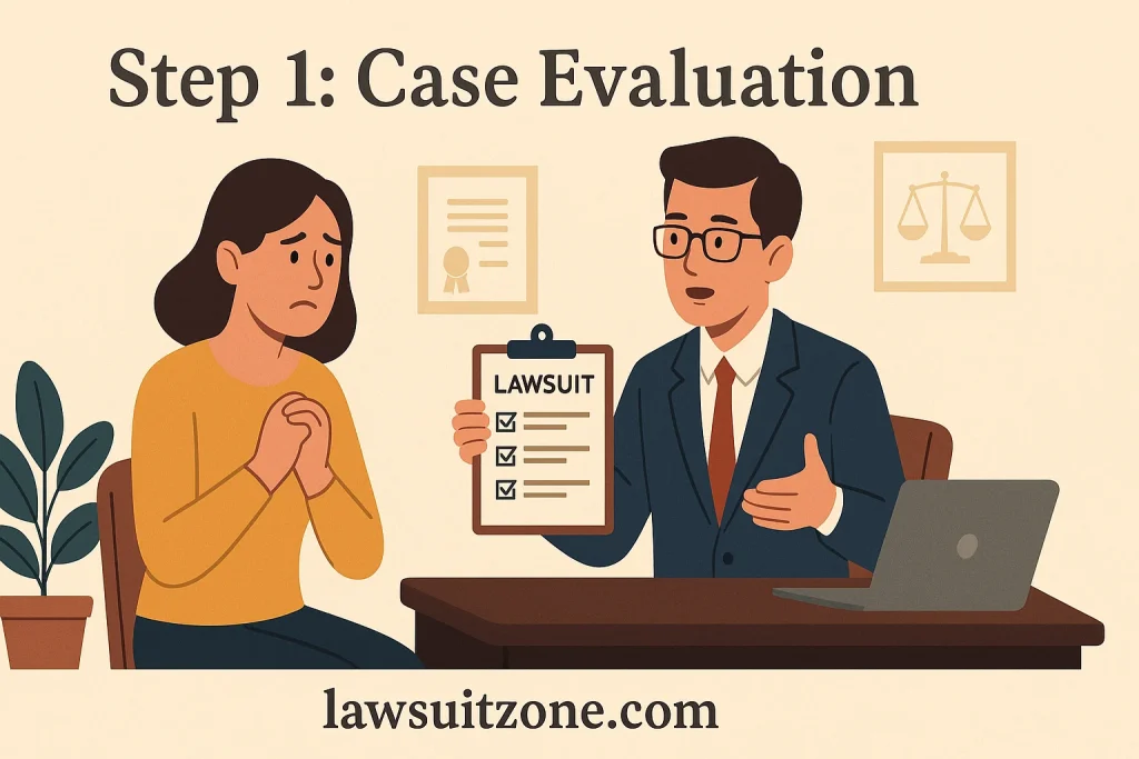 A flat-style digital illustration showing a concerned patient consulting an attorney during the case evaluation stage of a Zantac lawsuit, with lawsuitzone.com displayed.