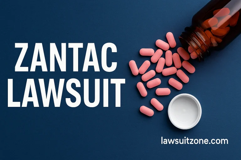 A digital graphic showing Zantac lawsuit text with spilled prescription pills and the website lawsuitzone.com displayed on a dark blue background.