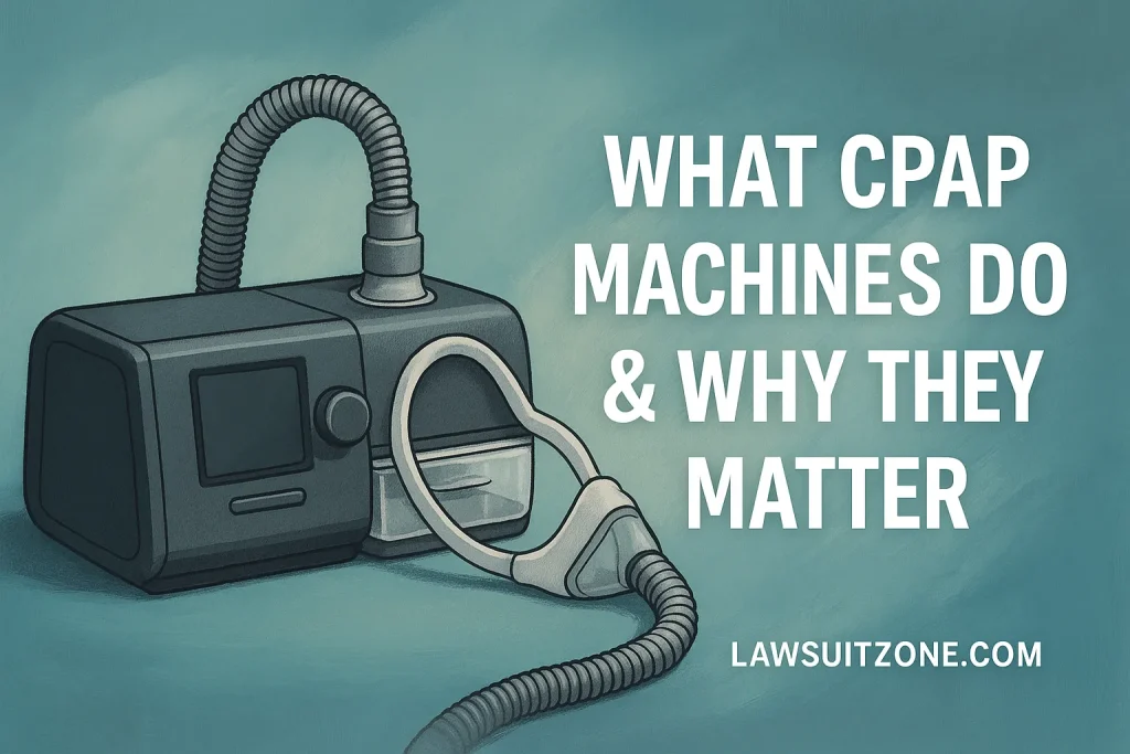"Infographic showing common health symptoms reported by CPAP users after recall, including breathing issues, sinus irritation, headaches, and chemical odor exposure, with lawsuitzone.com branding."