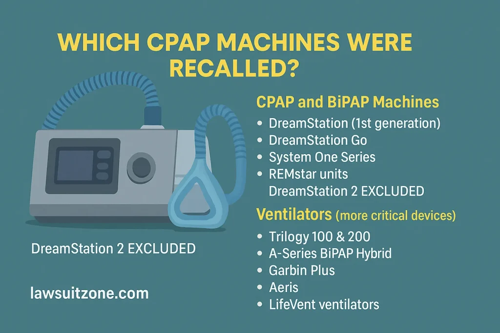 "Infographic explaining who qualifies for a CPAP lawsuit, showing criteria such as recalled device use, documented symptoms, medical records, and retained device with lawsuitzone.com branding."