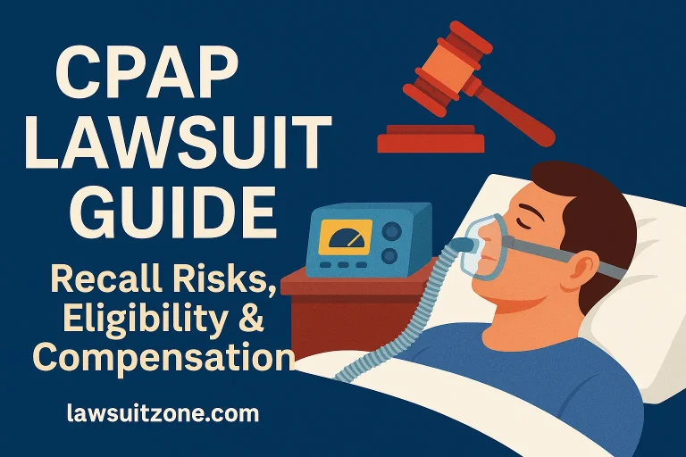 "Digital illustration showing CPAP lawsuit overview with recall risk visuals, legal theme elements, and lawsuitzone.com branding."
