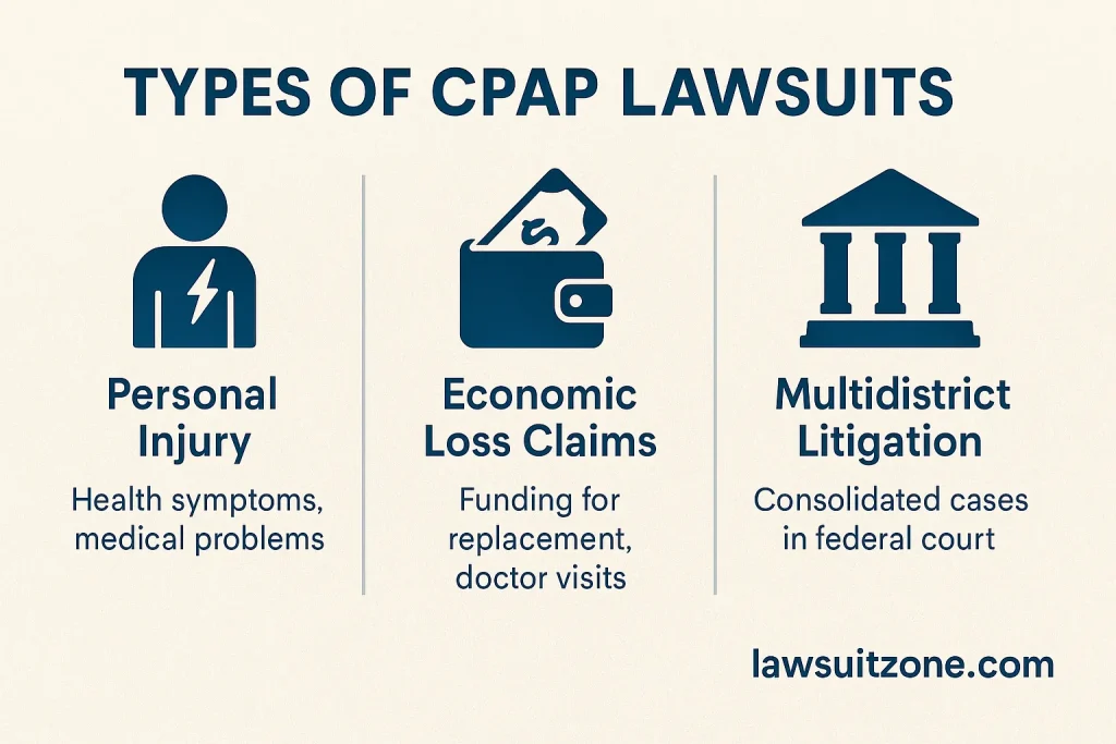 "Infographic showing different types of CPAP lawsuits including personal injury claims, economic loss claims, and multidistrict litigation, with lawsuitzone.com branding."