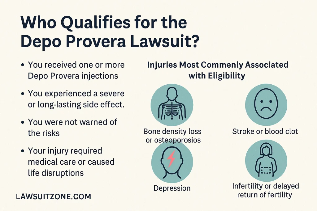 Infographic explaining who qualifies for the Depo Provera lawsuit, showing eligibility criteria and common related injuries, with lawsuitzone.com branding.