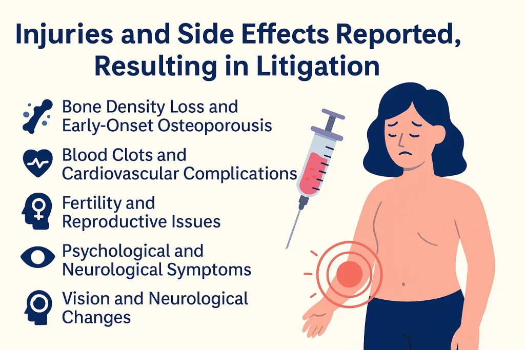 Infographic showing injuries and side effects reported in the Depo Provera lawsuit, including bone loss, blood clots, fertility issues, neurological symptoms, and menstrual disorders.