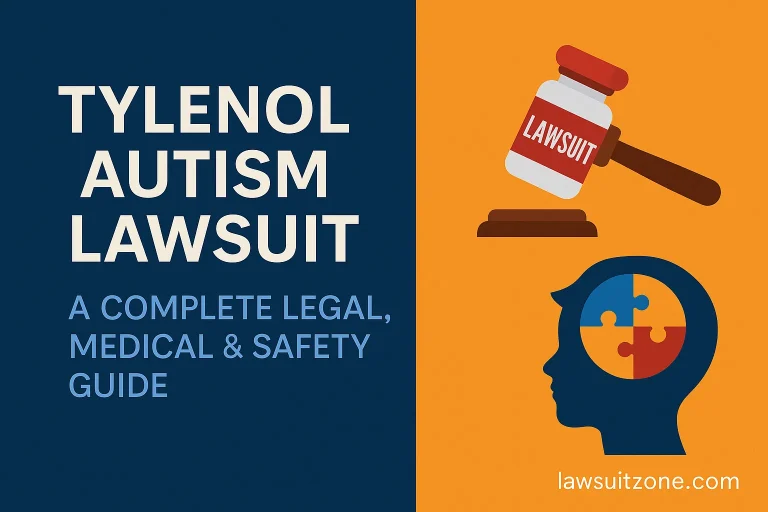 Feature image illustrating the Tylenol autism lawsuit with legal and medical symbols, including a gavel, medication bottle, and autism puzzle graphic.