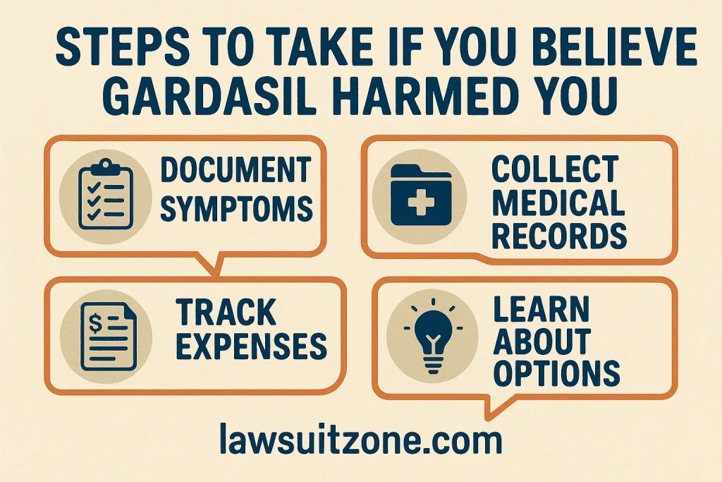 Infographic illustrating potential compensation categories in the Gardasil vaccine lawsuit, including medical expenses, lost income, pain and suffering, and punitive damages with lawsuitzone.com branding.