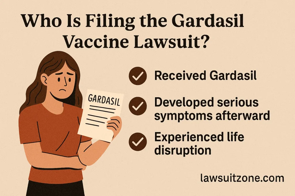 Infographic explaining eligibility criteria for filing a Gardasil vaccine lawsuit, including vaccination history, documented symptoms, and life disruption, with lawsuitzone.com branding.