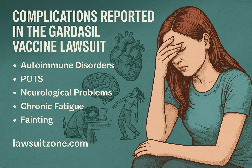 Infographic showing reported Gardasil vaccine injuries such as autoimmune issues, POTS, neurological symptoms, and chronic fatigue with lawsuitzone.com branding.