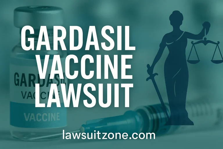 Illustration of Gardasil vaccine lawsuit showing medical graphics, legal theme elements, and HPV awareness with lawsuitzone.com branding.