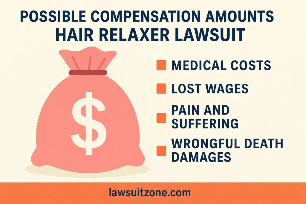A digital infographic explaining possible compensation amounts in the hair relaxer lawsuit, including medical costs, lost wages, pain and suffering, and wrongful death damages, featuring lawsuitzone.com.