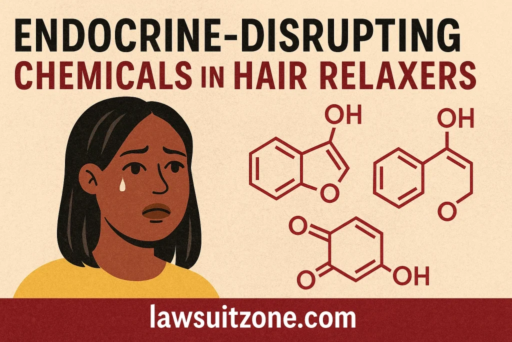 Educational infographic showing endocrine-disrupting chemicals found in hair relaxers, featuring an illustration of a woman and chemical structures, with lawsuitzone.com branding.