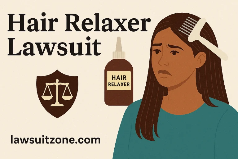 Illustrated feature image showing a concerned woman holding a comb beside a hair relaxer bottle and justice-scale icon, representing the Hair Relaxer Lawsuit, with lawsuitzone.com branding.