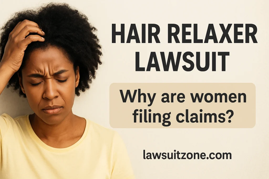 A woman experiencing scalp discomfort with text explaining why women are filing hair relaxer lawsuit claims, featuring lawsuitzone.com