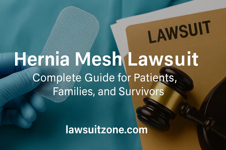 A realistic medical-legal themed feature image showing a patient holding their abdomen with a gavel and medical file overlay, representing the hernia mesh lawsuit, with lawsuitzone.com branding.