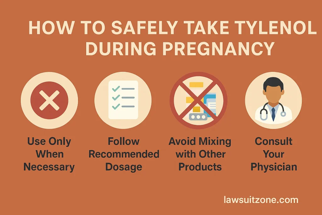 Infographic showing safe ways to take Tylenol during pregnancy, including dosage guidance, avoiding mixing medications, using only when necessary, and consulting a doctor.