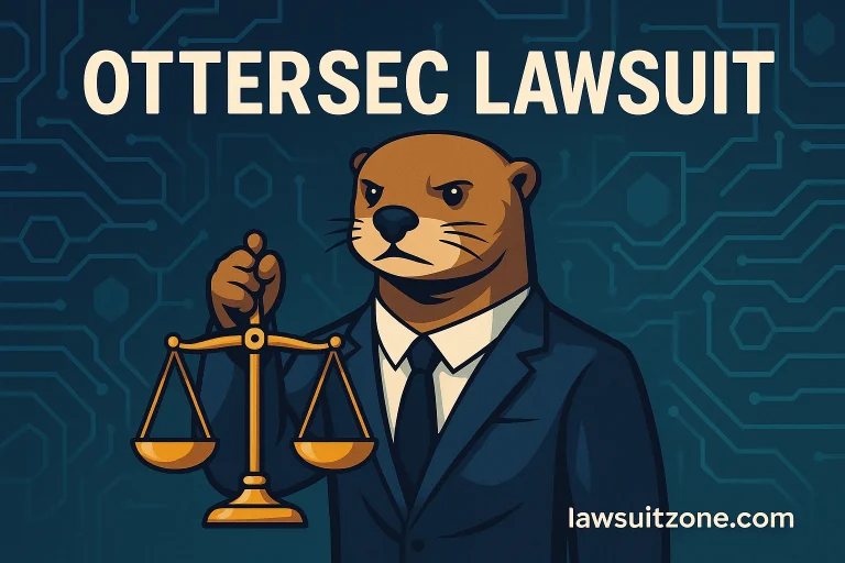Illustration of an otter in a business suit holding justice scales, representing the OtterSec lawsuit and blockchain ethics.