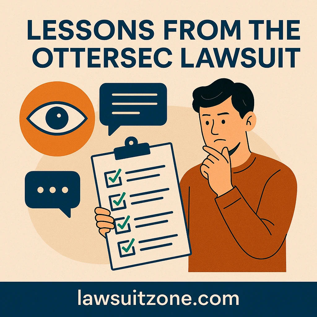 A digital flat-style infographic featuring icons for governance, transparency, documentation, and blockchain security — representing lessons from the OtterSec lawsuit.