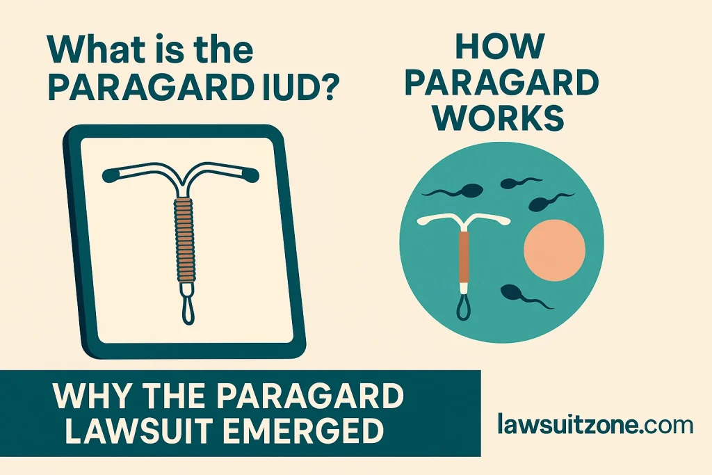 "Infographic explaining what the Paragard IUD is and how it works, including visual diagrams and branding from lawsuitzone.com."