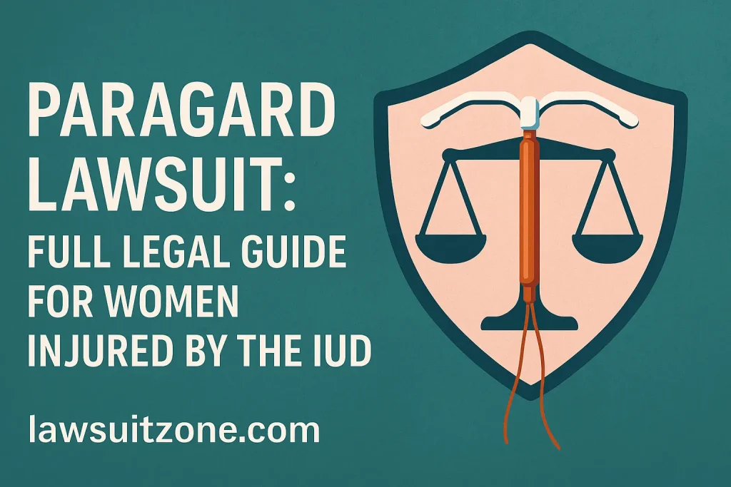 Feature image illustrating Paragard lawsuit information with an IUD graphic and legal scale, including website branding lawsuitzone.com.
