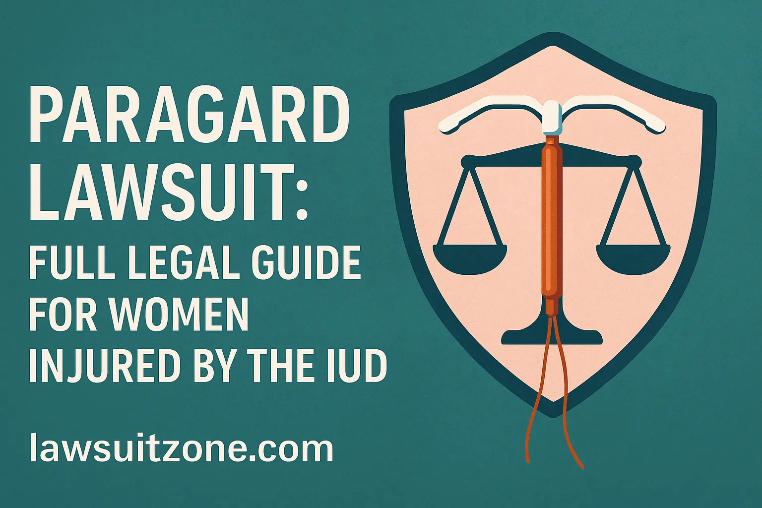 Feature image illustrating Paragard lawsuit information with an IUD graphic and legal scale, including website branding lawsuitzone.com.
