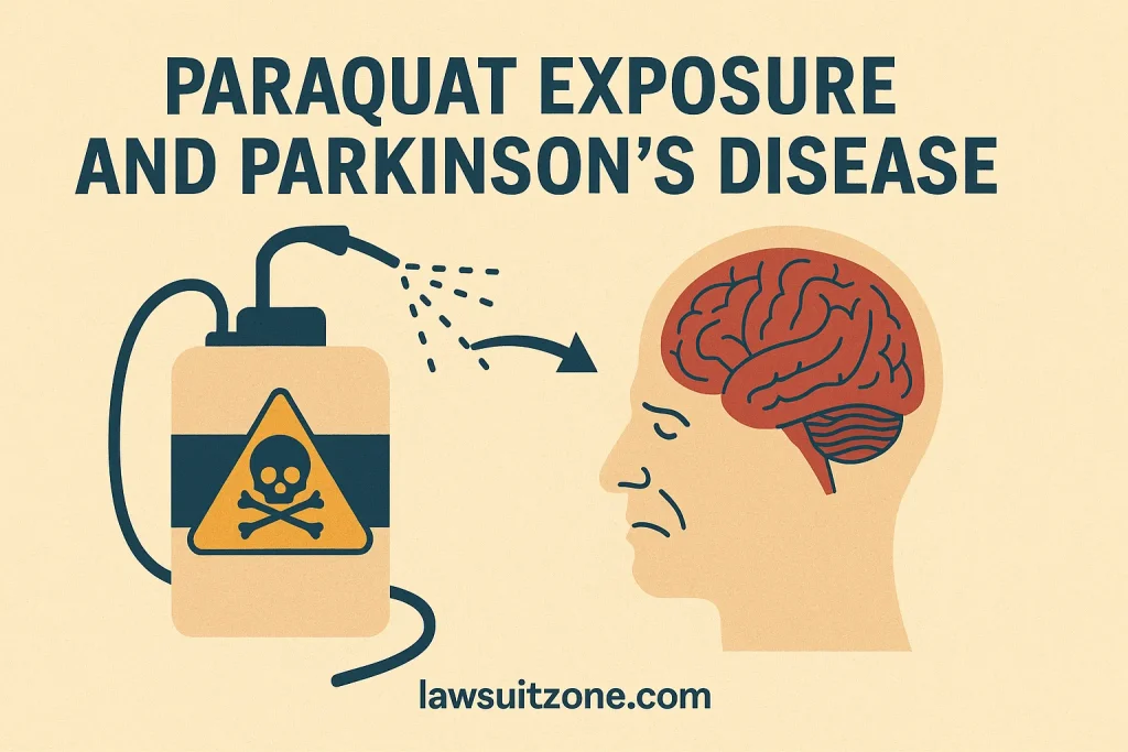 "Infographic showing the link between paraquat exposure and Parkinson’s disease with a toxic sprayer illustration, human brain graphic, and lawsuitzone.com branding."
