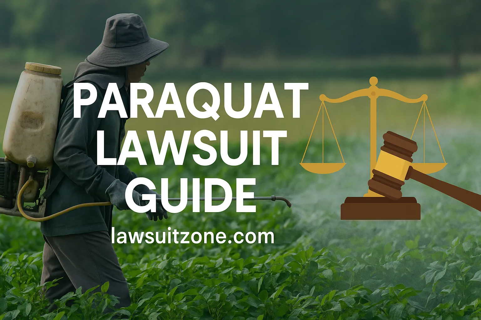 "Feature image showing a farmer spraying paraquat herbicide in a field with legal icons representing the paraquat lawsuit, including branding from lawsuitzone.com."