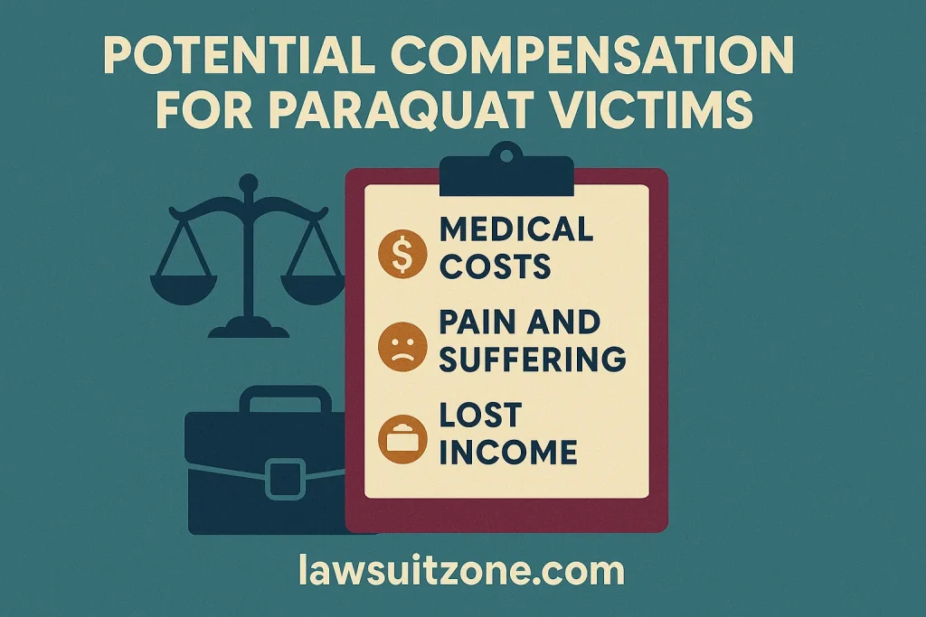 "Infographic explaining potential compensation for paraquat victims, including medical costs, pain and suffering, and lost income, with lawsuitzone.com branding."