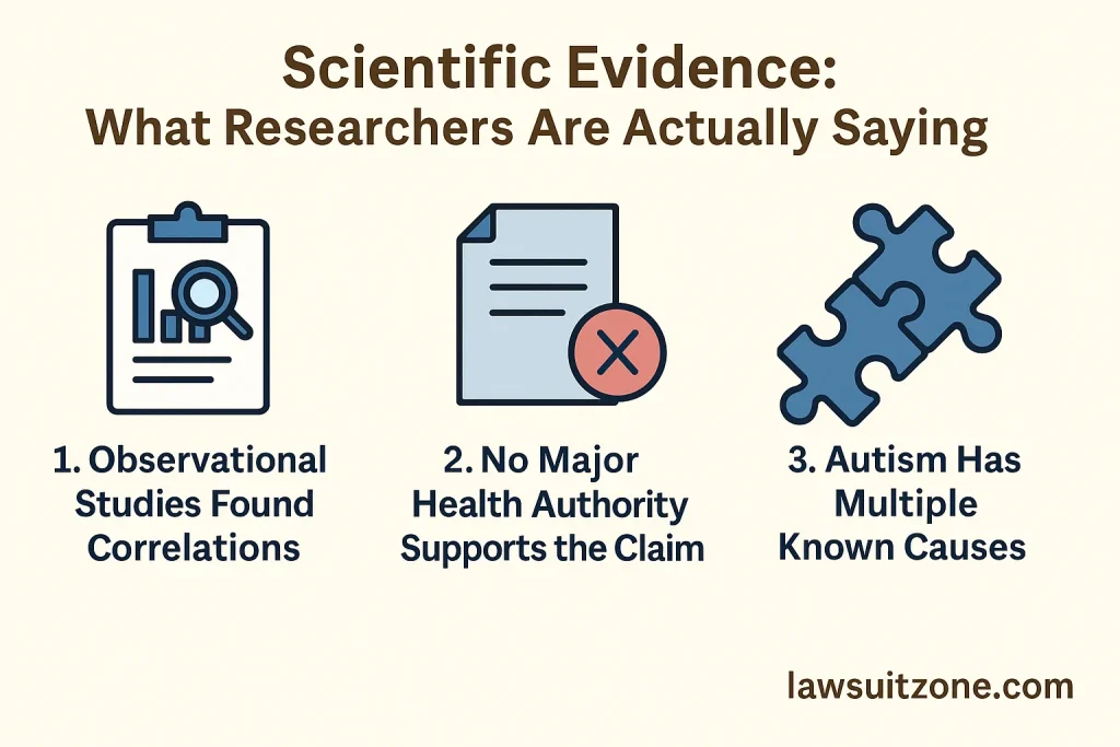 Infographic summarizing scientific evidence on acetaminophen and autism, showing observational studies, lack of health authority support, and multiple causes of autism.