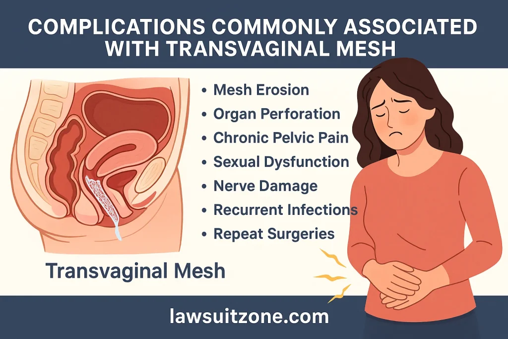 "Medical infographic illustrating common transvaginal mesh Lawsuit complications such as erosion, organ perforation, nerve pain, and infections, featuring lawsuitzone.com branding."