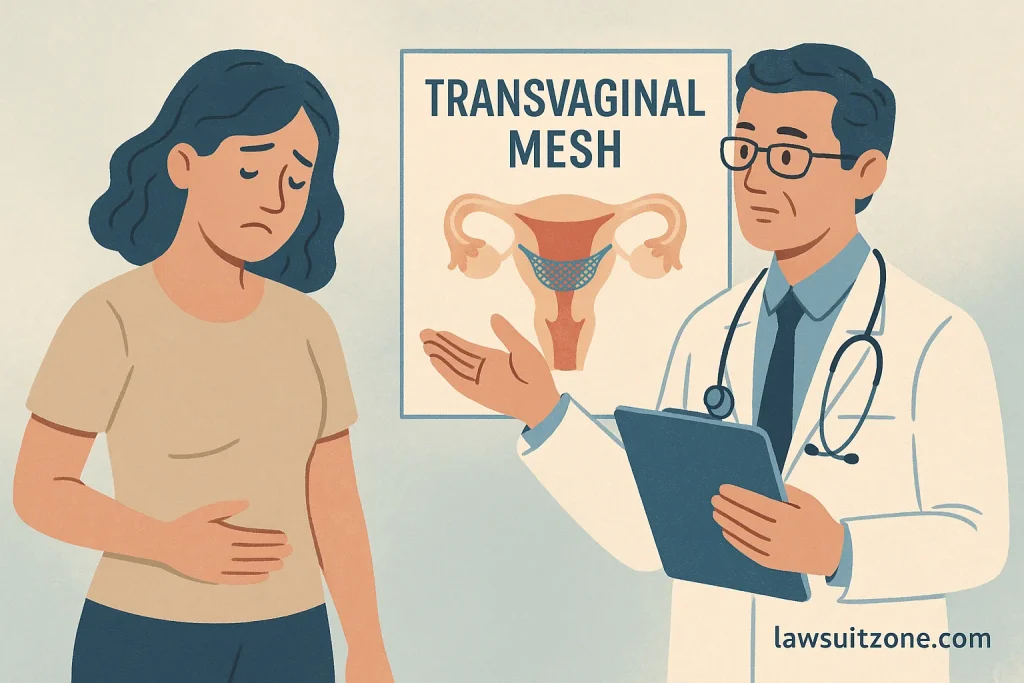 Illustration showing criteria for qualifying for a transvaginal mesh lawsuit, including complications, revision surgeries, and injury symptoms, with lawsuitzone.com branding.