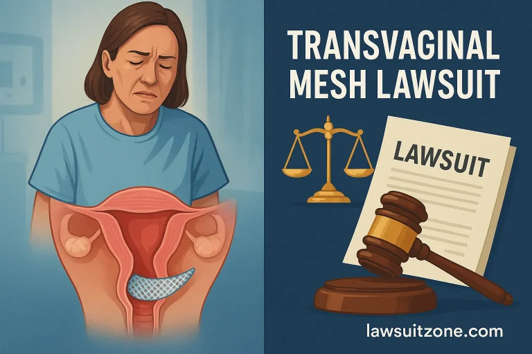 "Combined medical and legal illustration showing transvaginal mesh complications with justice scales, pelvic diagram, and lawsuitzone.com branding."