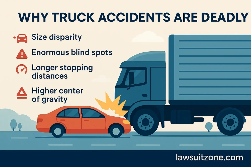 Infographic showing the most common causes of truck accidents including driver fatigue, mechanical failures, speeding, improper cargo loading, and weather hazards with lawsuitzone.com branding.