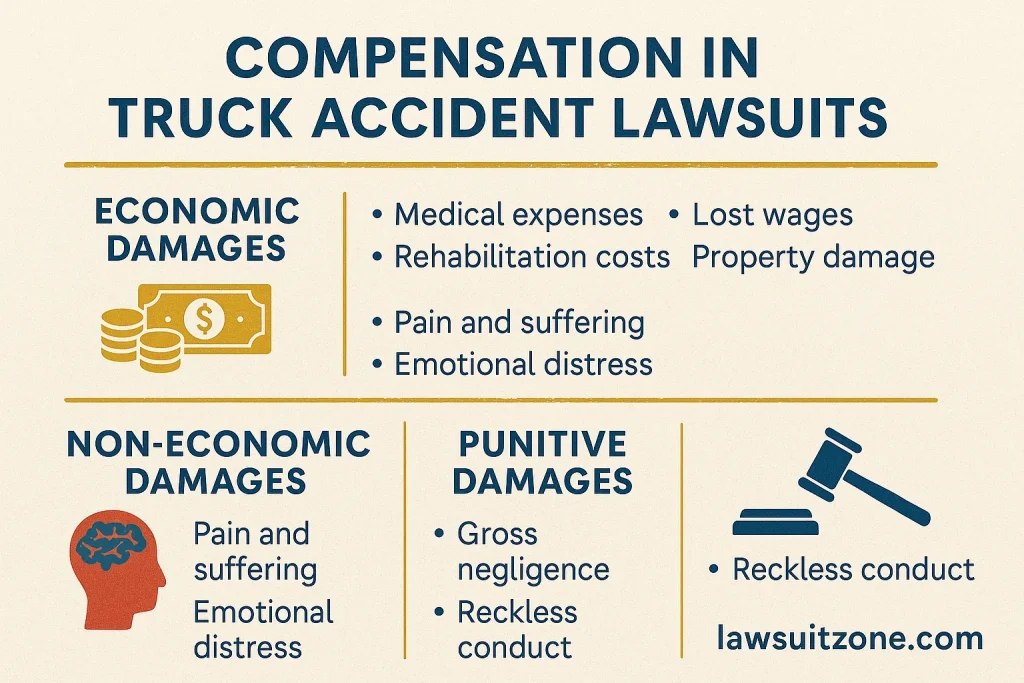 Infographic explaining the types of compensation available in truck accident lawsuits, including economic, non-economic, and punitive damages with lawsuitzone.com branding.