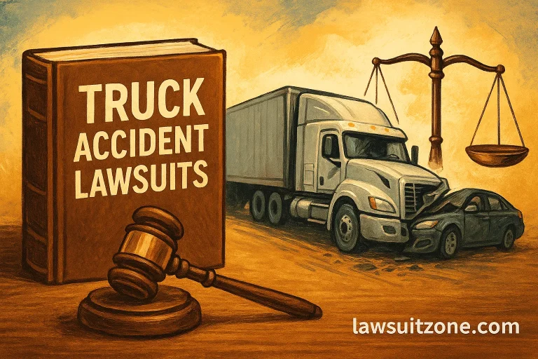 Digital illustration showing truck accident lawsuits overview with legal elements, highway crash graphics, and lawsuitzone.com branding.
